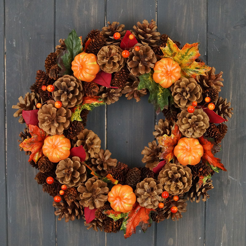 Autumn Door Wreath with Pumpkins and Leaves detail page